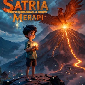 May include: A young boy stands on a rocky cliff, holding a glowing orb. He is looking at the orb with a serious expression. Behind him is a large, fiery volcano with a red and orange glow. A large, golden bird with red accents is flying above the volcano. The text "SATRIA AND THE GUARDIAN OF MOUNT MERAPI" is written in a stylized font above the boy's head. The text "The Legend of Satria" is written in a stylized font at the bottom of the image.
