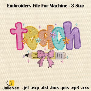 Floral Teacher Embroidery File, Preppy Teach Coquette Stitch Design, Back to School Teacher Gift, Instant Download