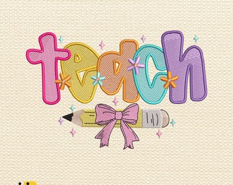 Floral Teacher Embroidery File, Preppy Teach Coquette Stitch Design, Back to School Teacher Gift, Instant Download