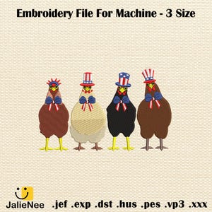 Chickens Embroidery Design, Patriotic Chicken Machine Embroidery, Independence Day Farmhouse Stitch, 4th of July Hen and Rooster Pattern