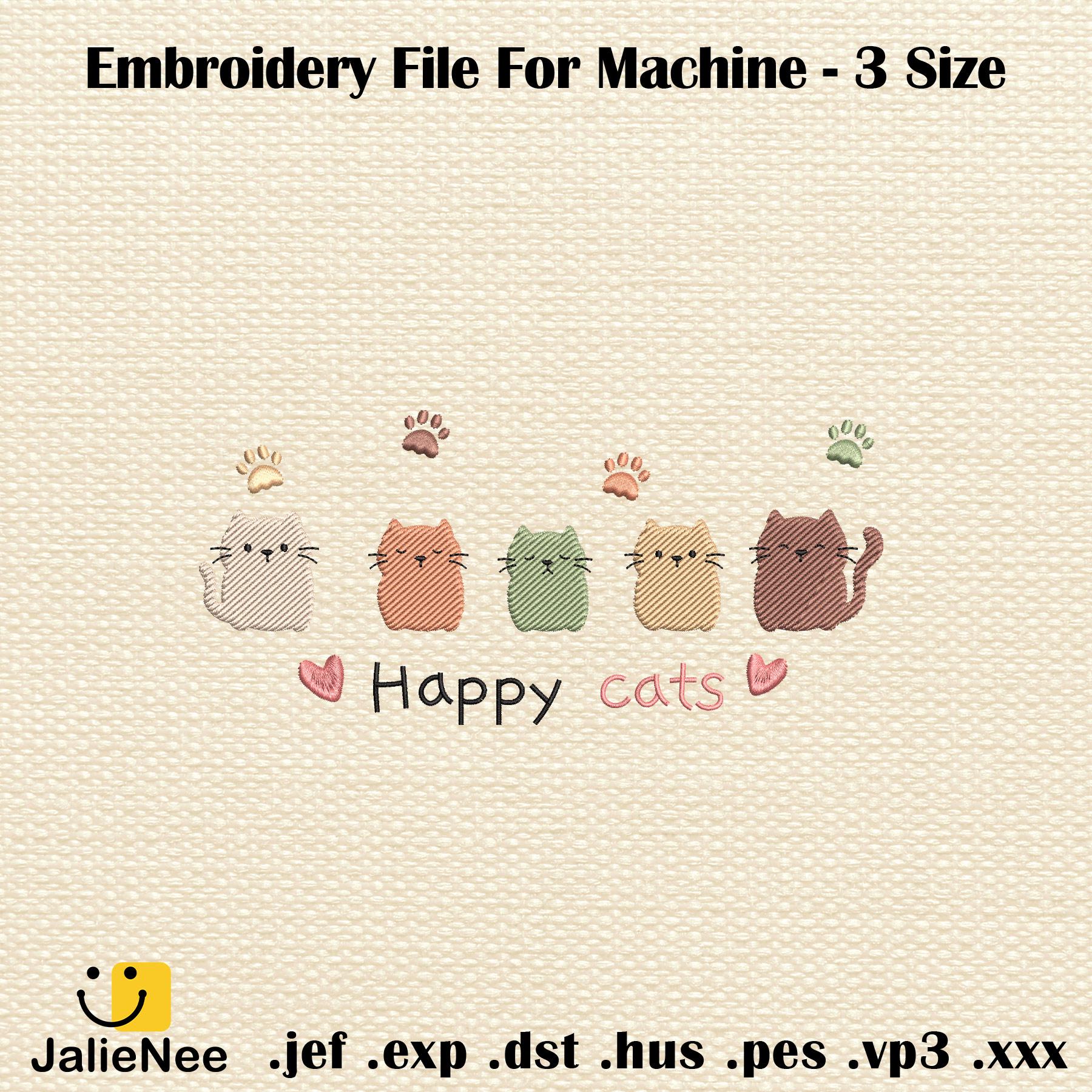 Happy Cat Embroidery Design, Cute Cat Embroidery File, Animal Embroidery Machine File, Instant Download, Includes 3 Sizes
