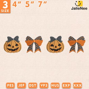 Spooky Season Embroidery Design, Halloween Pumpkin with Coquette Bow Stitch File for Fall Shirt Projects, Instant Download