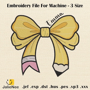 Custom Name Pencil Bow Embroidery, Back To School Girl Stitch File, First Day Preschool Design, Toddler School Embroidery, Instant Download