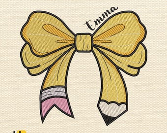 Custom Name Pencil Bow Embroidery, Back To School Girl Stitch File, First Day Preschool Design, Toddler School Embroidery, Instant Download