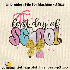 Teacher Embroidery Design, Preppy School Embroidery, Coquette First Day of School, First Day School File, Back to School Stitch File