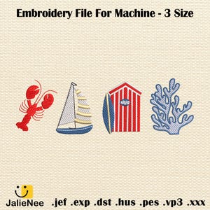 Blue Coastal Motif Embroidery – Lobster, Bow & Seashells Combined Design in Chinoiserie Style, 3 Sizes Included, Instant Download