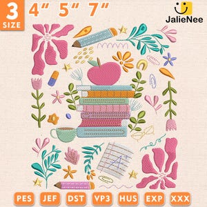 Retro Teacher Embroidery Design, Floral Wildflowers Stitch File for Back to School or Classroom Decor Projects, Instant Download