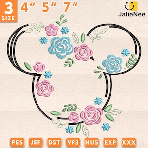Design de bordado de guirlanda floral de primavera, design de bordado do Magic Kingdom, design de bordado de cabeça de rato floral, design de viagem de menina