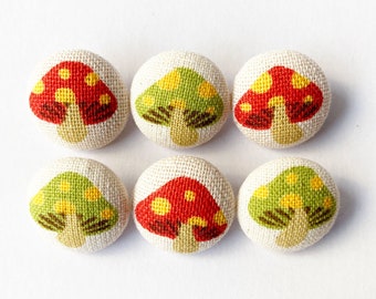 6 Small Fabric Buttons Set  for Crochet and Knitting - Red and Green Mushrooms - Sewing Buttons / Fabric Buttons