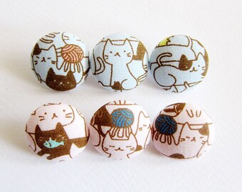 Cat Buttons Sewing Buttons / Fabric Buttons - Cat Mosaic in Blue and Pink - 6 Medium Fabric Buttons for Crochet and Knitting