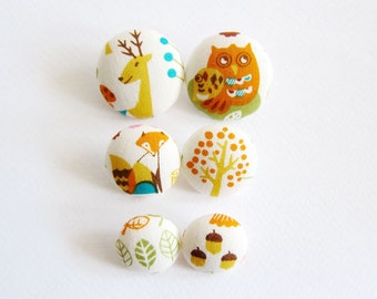 Sewing Buttons / Fabric Buttons - 6 Fabric Buttons Set - Woodland Animals - Fabric Covered Buttons