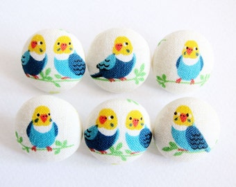 Fabric Covered Buttons - Yellow and Blue Birds - 6 Medium Fabric Buttons  for Crochet and Knitting