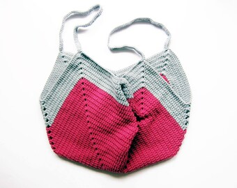 FREE SHIPPING Crochet Tote Bag / Market Bag / Beach Bag / Grocery Bag - Two Tone Crochet Granny Tote Bag