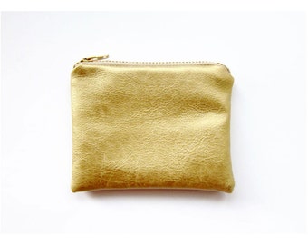 Faux Leather Zipper Coin Purse in GOLD - Small - Simple and Classic Zipper Pouch in Faux Sheepskin FREE SHIPPING