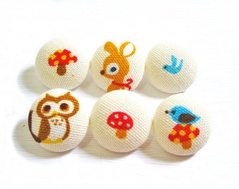 Sewing Buttons / Fabric Buttons - 6 Small Fabric Buttons Set - Woodland Friends on White - Fabric Covered Buttons