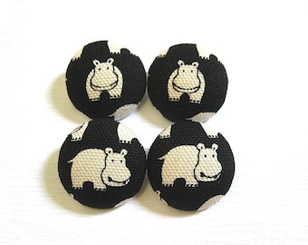 4 Large Fabric Buttons Set - Black Hippo - Fabric Covered Buttons for Crochet and Knitting