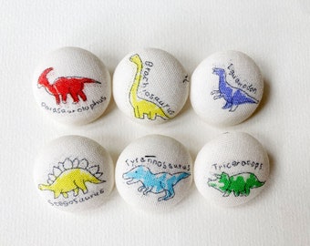 Sewing Buttons / Fabric Buttons - Dinosaurs in Rainbow Colors - 6 Large Fabric Buttons Set  for Crochet and Knitting