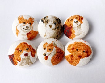 Sewing Buttons / Fabric Buttons - A Variety of Dogs - 6 Medium Fabric Buttons  for Crochet and Knitting