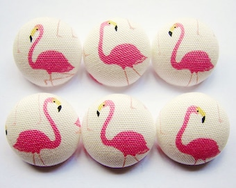 Sewing Buttons / Fabric Buttons - Pink Flamingos - 6 Large Fabric Buttons Set  for Crochet and Knitting