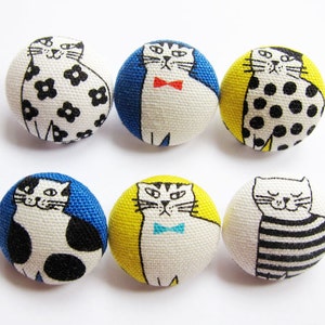 Cat Buttons Sewing Buttons / Fabric Buttons Well-dressed Cats 6 Medium Fabric Buttons for Crochet and Knitting image 1