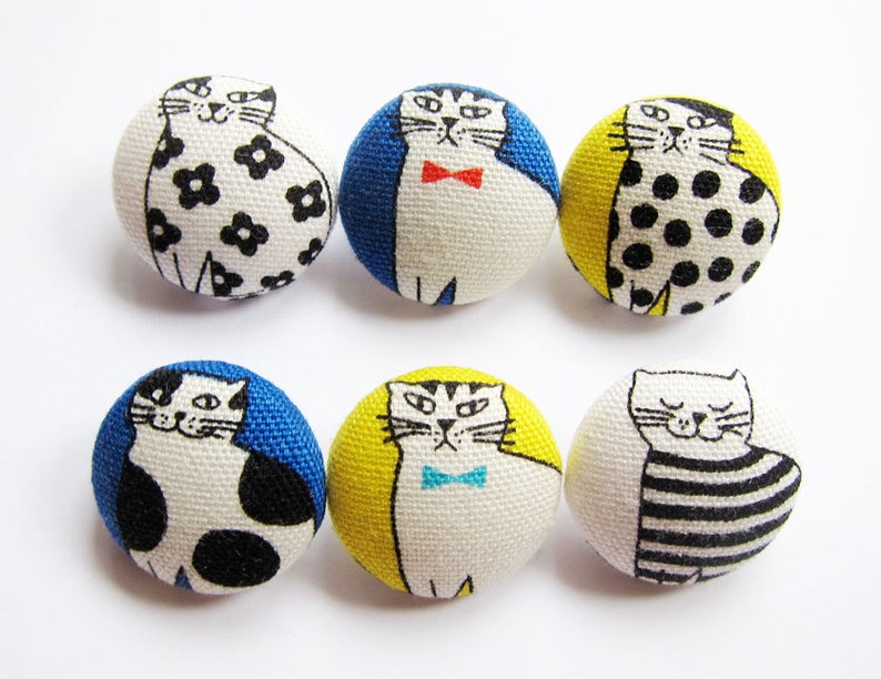 Cat Buttons Sewing Buttons / Fabric Buttons Well-dressed Cats 6 Medium Fabric Buttons for Crochet and Knitting image 1