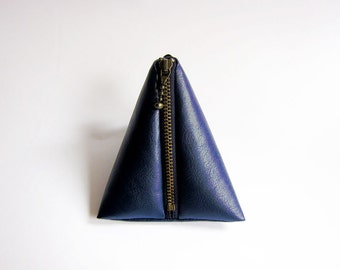 Triangle Pouch in Navy Blue - Faux Leather Zipper Coin Purse - Simple and Classic Zipper Pouch in Faux Sheepskin