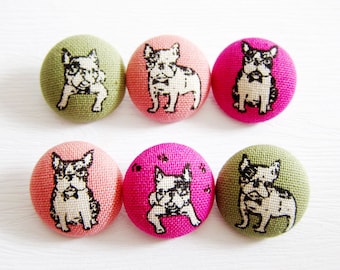 Sewing Buttons / Fabric Buttons - French Bulldogs in Candy Colors - 6 Large Fabric Buttons Set for Crochet and Knitting