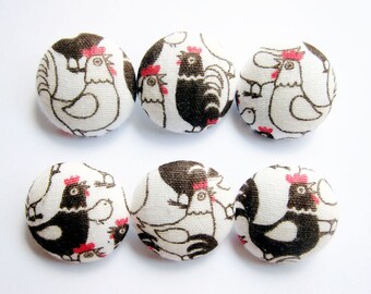 Sewing Buttons / Fabric Buttons - White and Brown Roosters - 6 Large Fabric Buttons for Crochet and Knitting