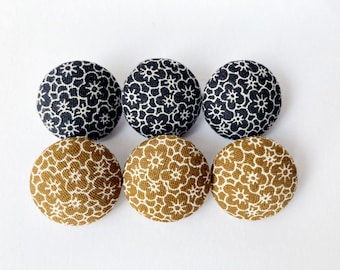 Sewing Buttons / Fabric Buttons - Fabric Covered Buttons - Plum Blooms on Navy and Brown - 6 Medium Buttons  for Crochet and Knitting