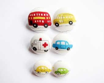 Sewing Buttons / Fabric Buttons - 6 Fabric Buttons Set - Fun Vehicles for Crochet and Knitting