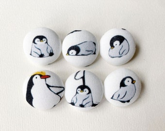 Sewing Buttons / Fabric Buttons - Penguins - 6 Large Fabric Buttons Set  for Crochet and Knitting