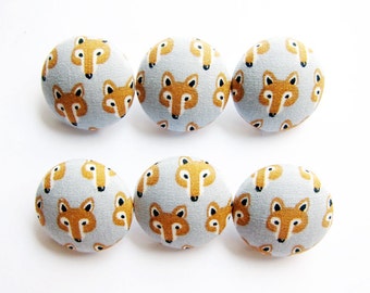 Sewing Buttons / Fabric Buttons - Foxes on Gray - 6 Medium Fabric Buttons - Fabric Covered Buttons  for Crochet and Knitting