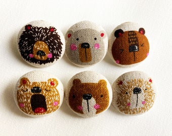 Sewing Buttons / Fabric Buttons - Bears - 6 Large Fabric Buttons Set  for Crochet and Knitting