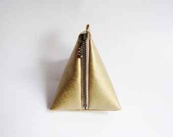 Triangle Pouch in Gold - Faux Leather Zipper Coin Purse - Simple and Classic Zipper Pouch in Faux Sheepskin