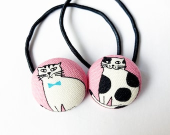 Button Ponytail Holders - Bowtie Cats on Pink - Hair Accessories / Ties and Elastics
