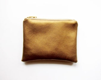 Vegan Leather Zipper Coin Purse in BRONZE - Small - Simple and Classic Zipper Pouch in Faux Sheepskin