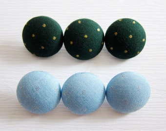 6 Medium Fabric Buttons Set - Gold Dots on Green and Silver Dots on Blue for Crochet and Knitting