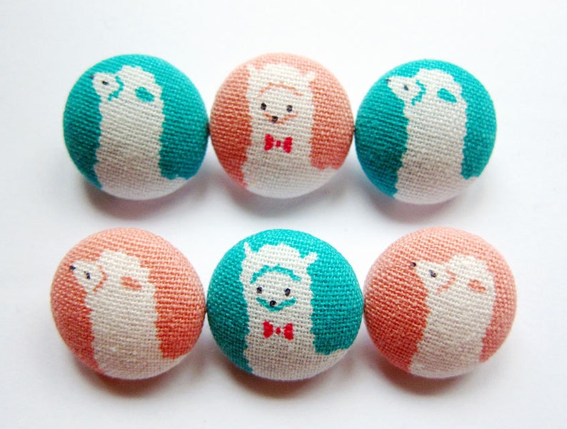 Sewing Buttons / Fabric Buttons Llamas on Pink and Turquoise 6 Medium Fabric Buttons Fabric Covered Buttons image 1