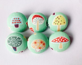 Sewing Buttons / Fabric Buttons - Magic Mushrooms - 6 Medium Fabric Buttons - Fabric Covered Buttons