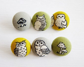 Sewing Buttons / Fabric Buttons - 6 Medium Fabric Buttons Set - Owls and Mushrooms  for Crochet and Knitting