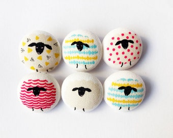 Colorful Sheep for Crochet and Knitting - Sewing Buttons / Fabric Buttons - 6 Large Fabric Buttons Set