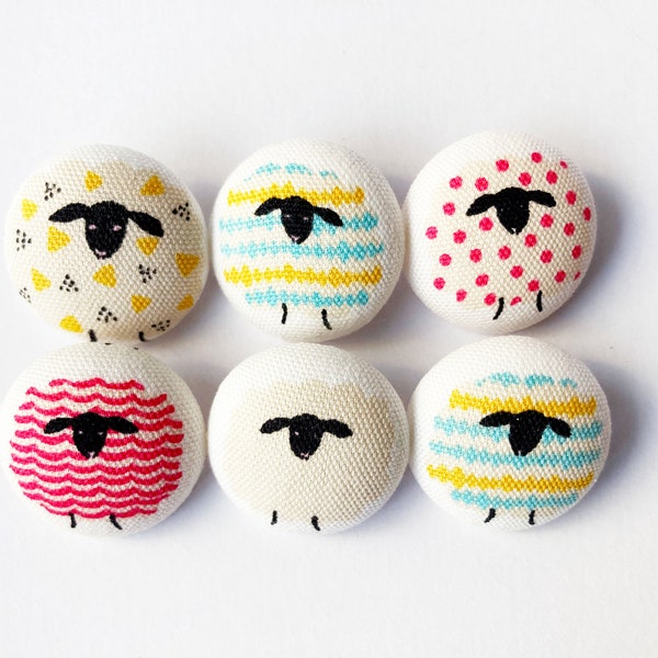 Colorful Sheep for Crochet and Knitting - Sewing Buttons / Fabric Buttons - 6 Large Fabric Buttons Set