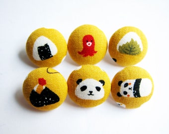 Panda and Onigiri Buttons - Sewing Buttons / Fabric Buttons - 6 Small Fabric Buttons Set  for Crochet and Knitting