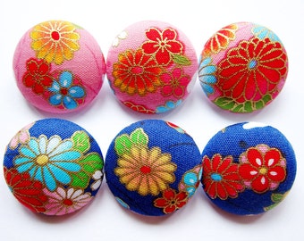 Sewing Buttons / Fabric Buttons - 6 Large Fabric Buttons Set - Oriental Floral for Crochet and Knitting