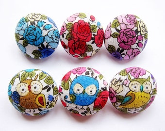 Owl Buttons - Sewing Buttons / Fabric Buttons - 6 Small Fabric Buttons Set  for Crochet and Knitting