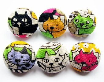 Sewing Buttons / Fabric Buttons - Colorful Cats - 6 Medium Fabric Buttons  for Crochet and Knitting