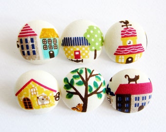 Sewing Buttons / Fabric Buttons - 6 Large Fabric Buttons Set - Animal Houses