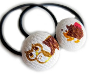 Button Ponytail Holders - Owl and Hedgehog - Hair Accessories / Ties and Elastics