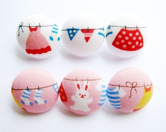 Sewing Buttons / Fabric Buttons - 6 Small Fabric Buttons Set - Sweet Laundry on White and Pink  for Crochet and Knitting