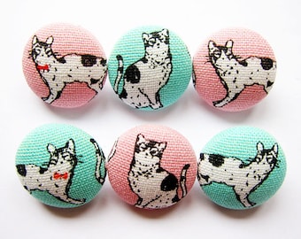 Cat Buttons Sewing Buttons / Fabric Buttons - Black and White Cats on Pink and Mint - 6 Medium Fabric Buttons Set